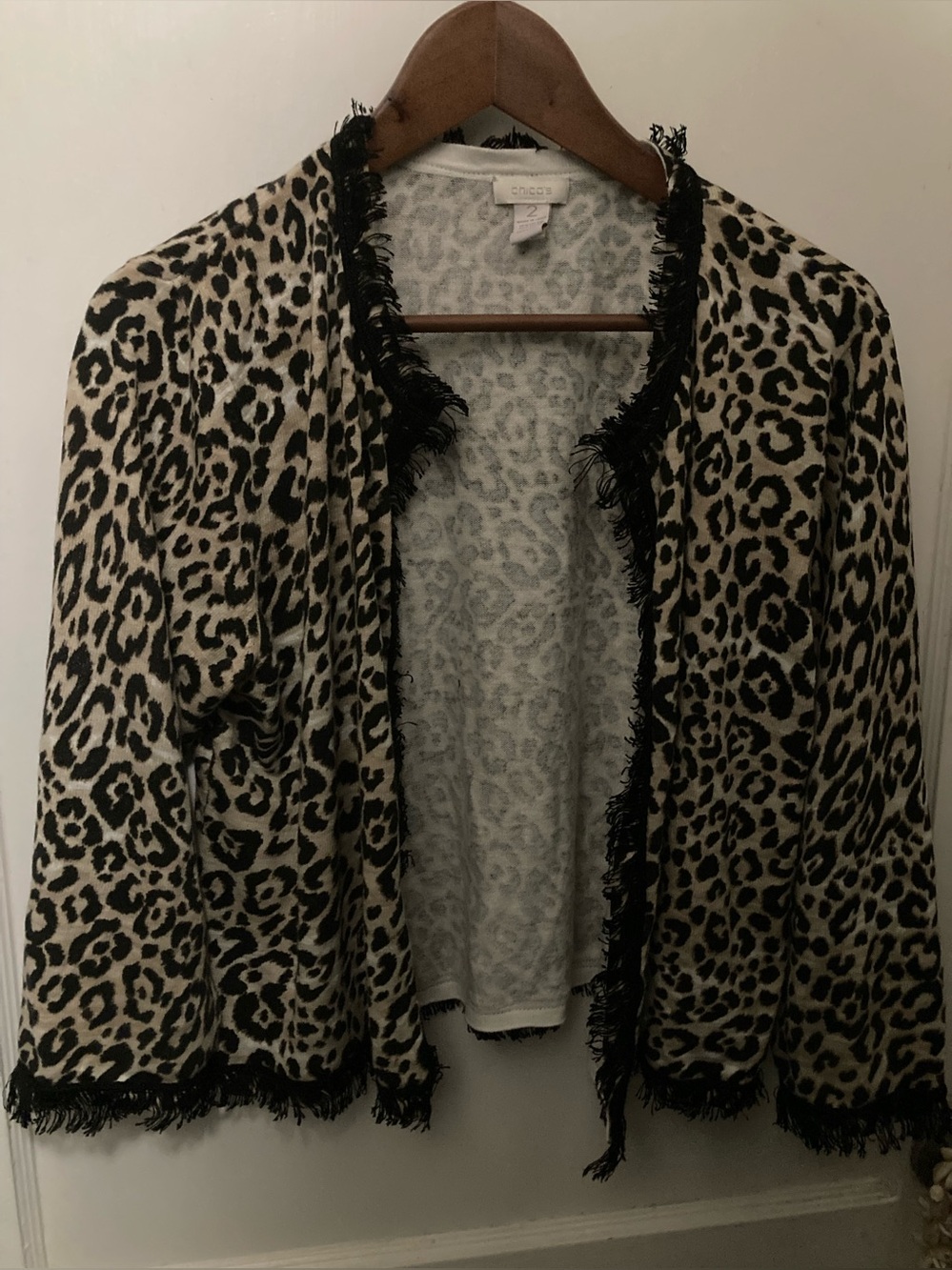Chico's Leopard large size 2 Fringe Open-Front Cardigan - Cream & Black